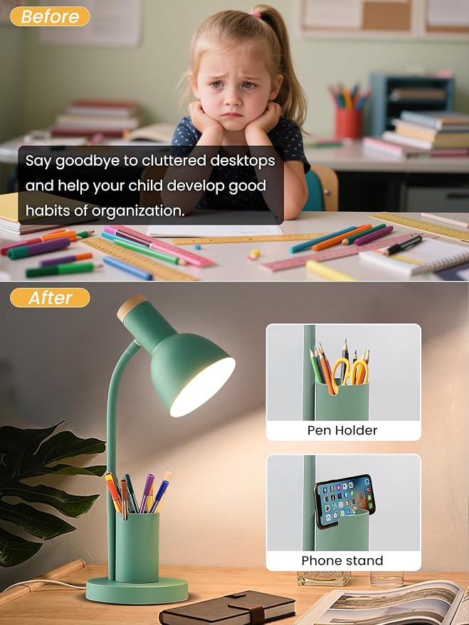LED Desk Lamp for Home Office, Table Lamp with Pen Holder, 3 Color Modes Reading Light, Eye-Caring Desk Light with Gooseneck, Metal Study Lamp for Dorm Bedside Bedroom (Green Lamp)