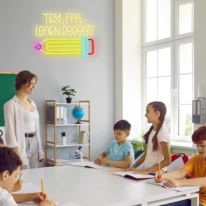 Try Fail Learn Repeat Neon Sign Pencil LED Read Books Neon Light Motivational Learning Light Up Sign for Wall Decor Office Classroom Study Room Shop Bookstore