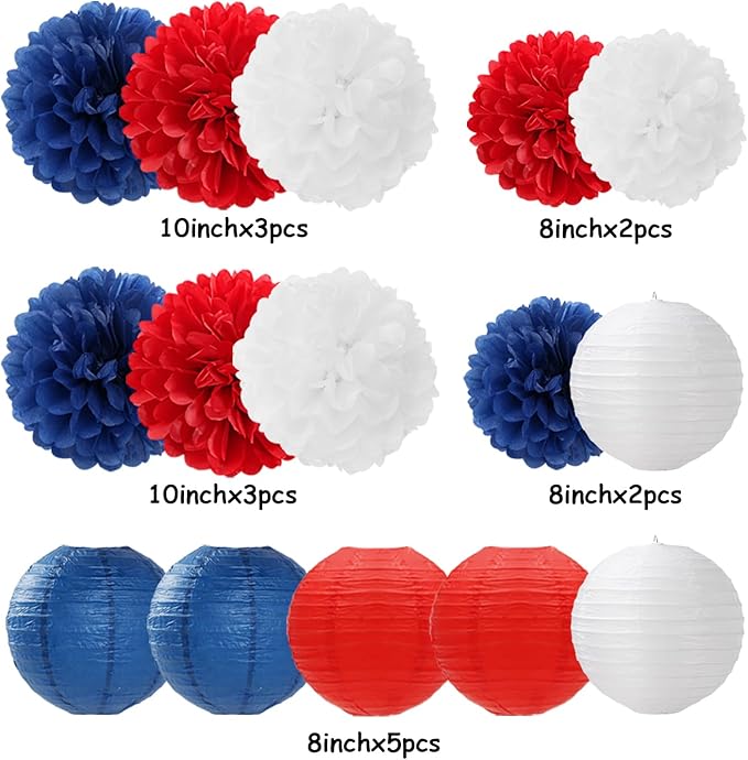 Fourth-4th Of July Imemorial-Day Party-Decorations - 15pcs Red White Blue Paper-Flowers Lanterns,Patriotic Graduation Tissue Pom Poms Streamers,Independence Veterans Hanging Supplies Decor Hugfond
