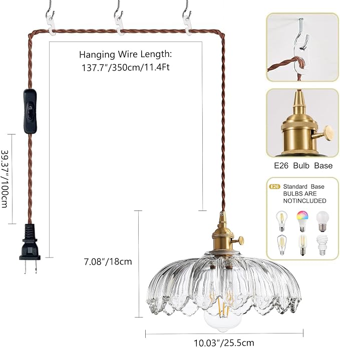 XZHGCEE Plug in Pendant Light Hanging Lamp: Kitchen Pendant Lighting Clear Glass Pendant Light, Pendant Lights for Kitchen Island, Bedroom, Dining Room, Living Room, E26 No Bulb