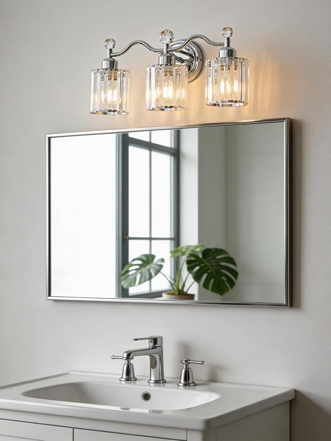 Bathroom Light Fixtures, 3-Light Vanity Light Over Mirror, Polished Chrome Wall Sconces with Clear Crystal Shades, Wall Lamp for Living Room Bedroom, E26 Base(Bulbs Not Included)
