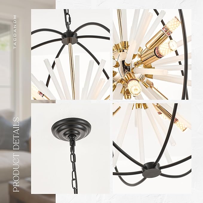23.6" Black Gold 12-Light Globe Sputnik Chandelier Modern Firework Hanging Ceiling Glass Tube Pendant Light Fixture for Entryway Foyer Staircase Dining Living Room Hallway
