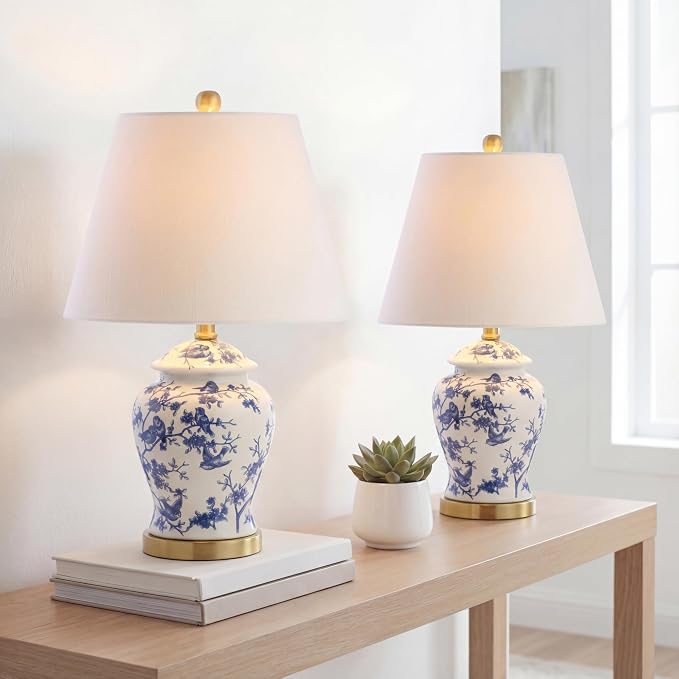 JONATHAN Y Penelope Ginger Jar 22" LED Table Lamp, Blue/White, Set of 2 | Chinoiserie, Ceramic Metal Construction, French Country Traditional, Linen Empire Shade, Brass Gold, LED Bulb Included