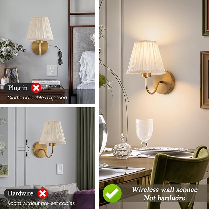 Battery Operated Wall Sconces Set of 2, Wireless Wall Sconces, RGB Rechargeable Dimmable, Brass-Color Vintage Wall Sconce for Bedroom, Living Room, Hallway Bulbs Included