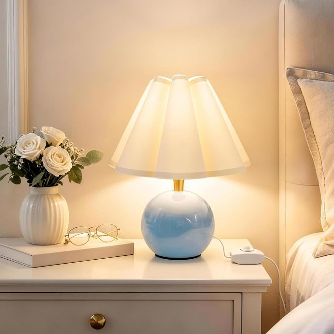 Small Bedside Table Lamp, 11.8'' Ceramic Stepless Dimmable Lamp (Blue) | with scalloped fabric shade for nightstand & living room. Perfect for quiet nights to create a cozy, relaxing atmosphere