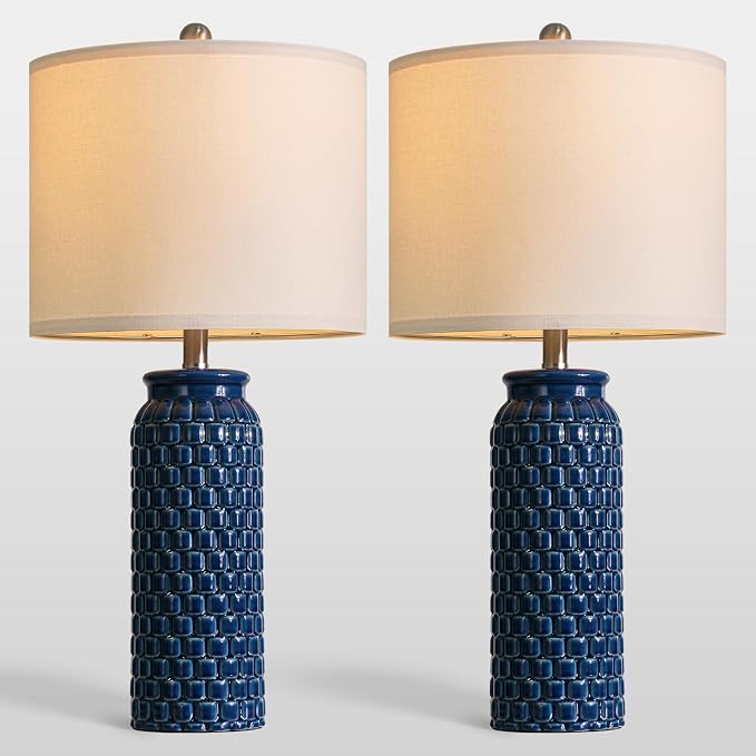 USumkky 27" Ceramic Table Lamps Set of 2 - Modern Farmhouse & Boho Style, Bedside Nightstand Lamps for Bedroom, Living Room End Table Lamps, Small Desk Lamp(Blue)