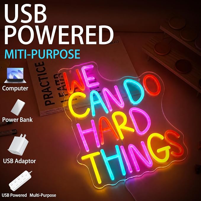 We Can Do Hard Things Neon Sign for Wall Decor Positive Inspirational Neon Light USB Dimmable Classroom Office Library LED Light Up Sign for Bedroom Birthday Party Classroom Backdrop Decoration