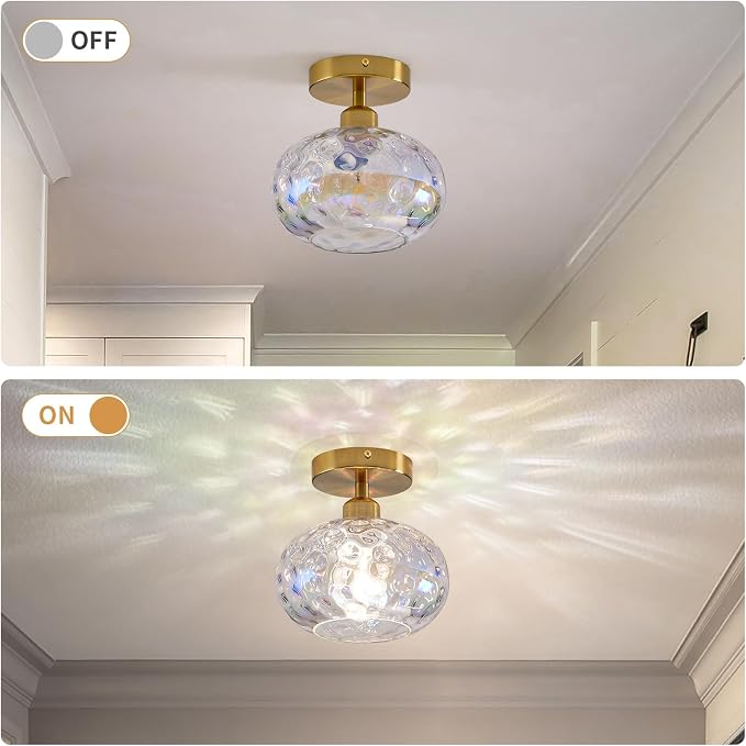 7.9″ Small Semi Flush Mount Ceiling Light ,Rainbow Hallway Light Fixtures | Art Deco Stained Hammered Glass,Whimsical,Vintage Gold Mid Century Lighting for Closet Cottage Entryway Laundry Room Foyer