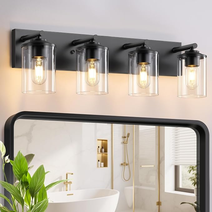 4-Light Bathroom Lighting Fixtures Over Mirror, Matte Black Bathroom Vanity Lights with Clear Glass Shade, Modern Vanity Lighting Fixtures for Living Room, Bedroom, Hallway