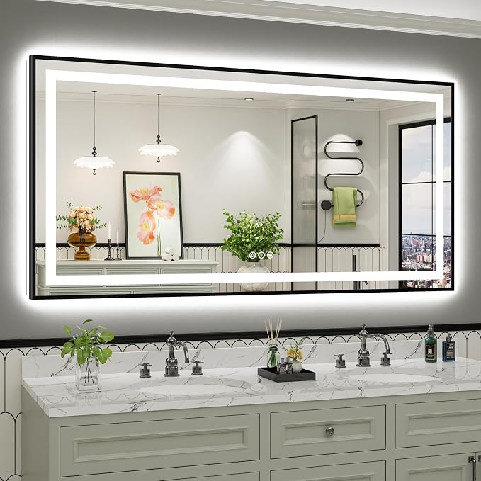 72x36 Inch LED Bathroom Mirror with Black Frame, Backlit & Front Lit | Anti-fog, 3 Color Dimmable, Memory Function, HD Reflection Tempered Glass, ETL Listed, IP54 Waterproof