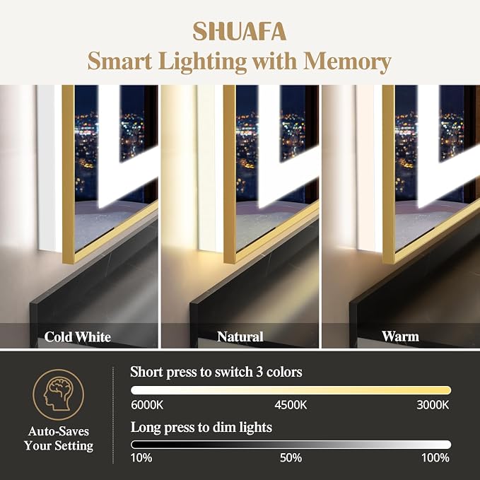 48X36 Inch LED Bathroom Mirror with Lights, Gold Frame Frontlit+ Backlit Bathroom Vanity Mirror for Wall, Ultra-Clear Tempered Glass, Shatter-Proof, Anti-Fog and Memory Function, ETL Listed