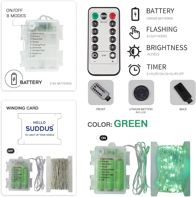Green Christmas Lights Battery Operatd, 66ft 200LED St Patricks Day Decorations Indoor, Fairy Twinkle Light with Remote for Halloween, Bedroom, Patio, Backyard, Outdoor Decorations