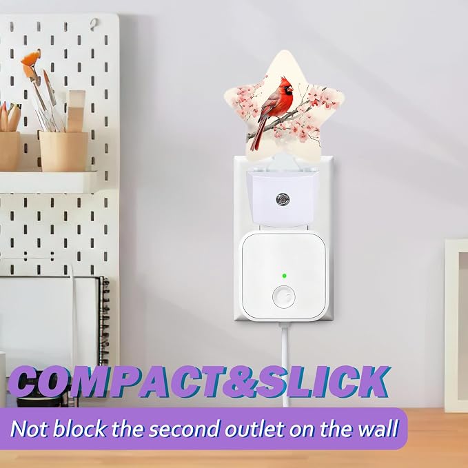 Cardinal Bird Night Lights Plug Into Wall,Spring Peach Blossoom Flowers Dusk to Dawn Light Sensor Night Light for Kids, Energy Efficient Sleep Friendly Lamp for Bedroom Bathroom Nursery