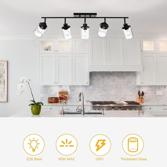 Yaohong 5-Light Kitchen Track Light Fixtures Ceiling Vanity Lights Black, Bathroom Track Lighting Kit with Ajustable Heads, Modern Wall Ceiling Tracking Light for Hallway Shop