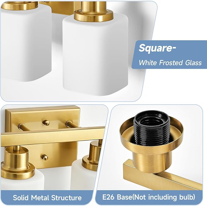 2 Light Gold Bathroom Light Fixtures,Brushed Gold Vanity Light with Clear Glass,Gold Bathroom Vanity Lights Over Mirror,Wall Sconces for Living Room,Bedroom,Hallway(E26 Base)