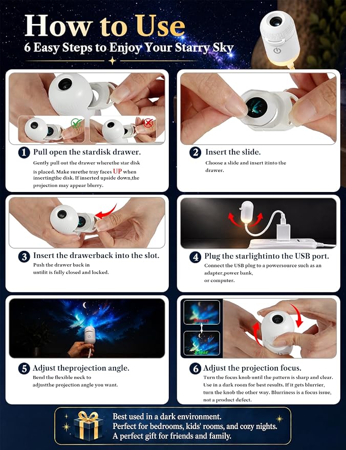 2-in-1 Galaxy Projector Night Light with 5 Projection Films | Stepless dimming, adjustable focus and 360° flexible gooseneck. USB powered for bedrooms, RVs, hotels and cruise cabins.