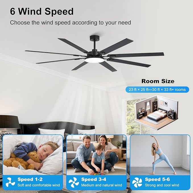 80 Inch Ceiling Fans with Lights and Remote, Bedroom Living Room Office Library Cafe Outdoor Industrial, 5CCT Dimmable, Dual Color 8 Blades, 6 Speed Reversible Quiet DC Motor, Black/Wood Grain