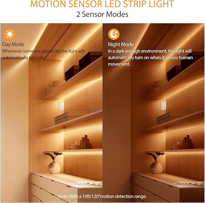 OMIKA COB Motion Sensor Light Strip Indoor, 6.56ft 640LEDs 2700K Warm White 1500mAh Rechargeable Closet Light, Cuttable Self Adhesive LED Lights for Bedroom, Cabinet, Shelves, Pantry, Stairs