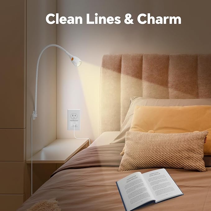 Wall/Headboard Mounted Reading Light with Lamp Head Switch | Minimalist Design, USB-C Powered, CRI 95+, 4000K + Amber Nightlight, 8–100% Dimmable,Metal Gooseneck,For Home Bedroom Bedside