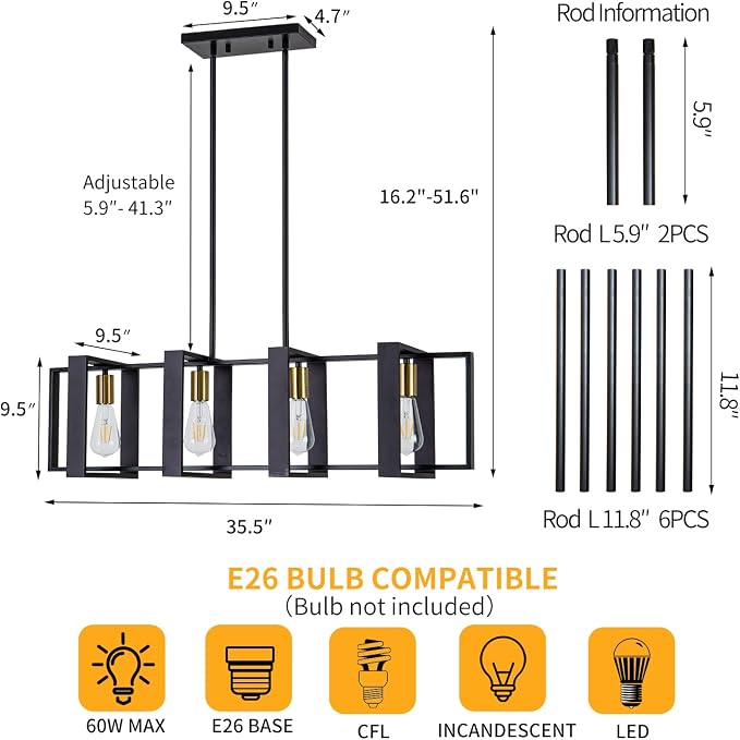 Farmhouse Kitchen Island Lighting Black Chandeliers for Dining Room Wooden Island Lights,Industrial Rectangle Light Fixtures Ceiling Hanging (4 Lights)