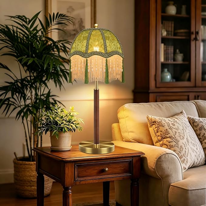ILLMTW Vintage Table Lamp Set of 2,Flower Small Bedside Lamps Dimmable Bedroom Lamp with Fringe Green LampShade,Gold Boho Mid Century Retro Tassel Nightstand Lamp for Bedroom Living Room Tiffany Decor