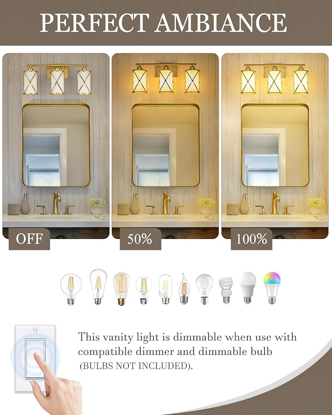 3-Light Brushed Gold Bathroom Light Fixtures with Milk Frosted Glass, 21" Modern Bathroom Vanity Lighting Fixtures Over Mirror with Metal Cage, Wall Sconce Lights for Bath, E26, CH9176BGW-3W