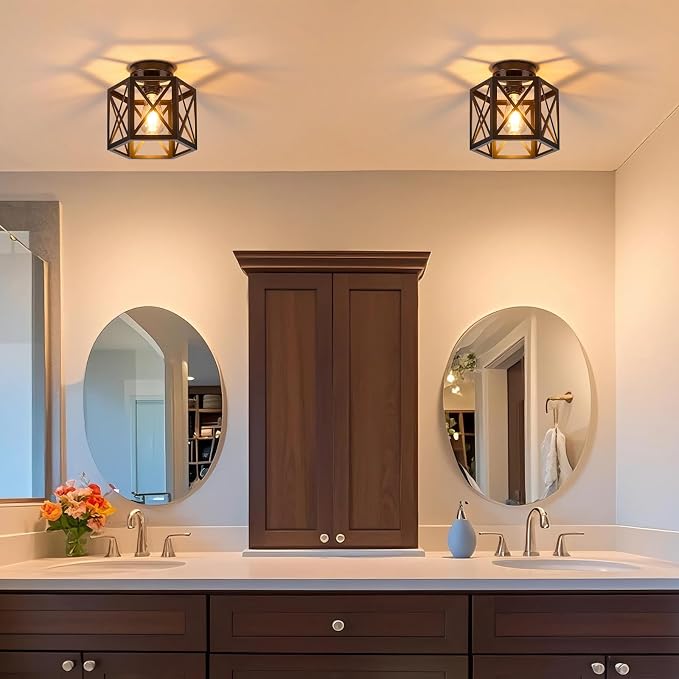 XSDeTu 2 Pack Farmhouse Semi Flush Mount Ceiling Light, Industrial Black Hallway Light Fixture, Small Metal Cage Close to Ceiling Lights for Kitchen Sink Porch Bedroom