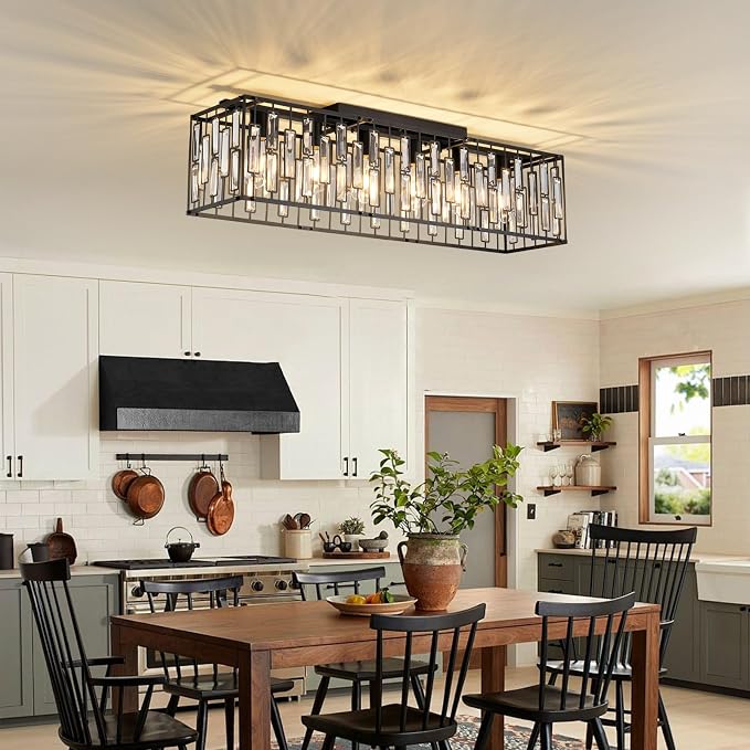 Garwarm 6-Light Crystal Flush Mount Ceiling Light, 38.7" Black Rectangle | Crystal Modern Chandelier Rectangular Dining Room Light Fixture for Low Ceiling, Kitchen Island, Living Room, Foyer, Entryway