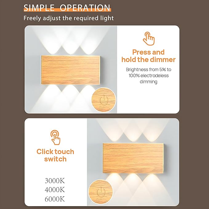 Shelprojsu LED Magnetic Wall Sconce Lights,5000mAh Wireless Bedside Wall Light USB Rechargeable Reading Wall Lamp,3 Lighting Colors and Dimmable Battery Operated Wall Sconces (Wood Color, 1 pcs)