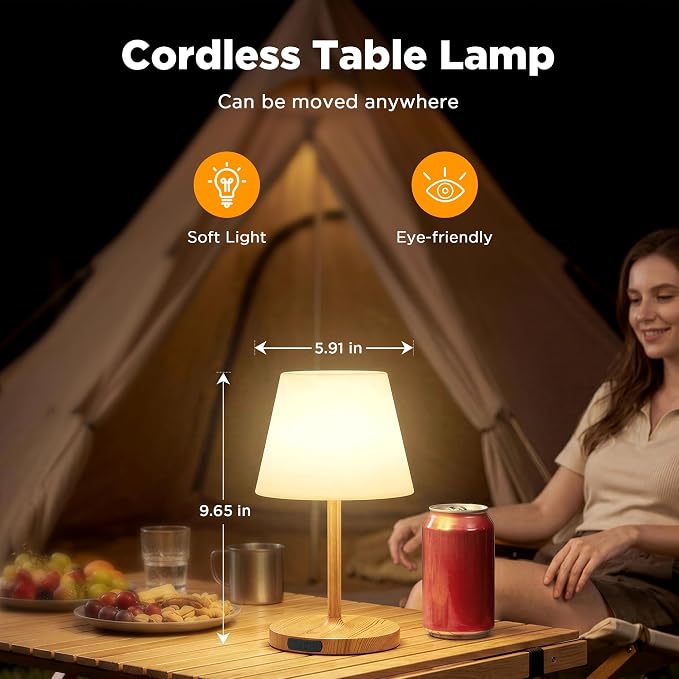 LUTEC Shower Lamp Waterproof, 6000mAh Rechargeable Cordless Table Lamp with 3 Color Temps and Stepless Dimming, Touch Control & Portable LED Nightlight for Bathroom, Desk, Outdoor(Wood Grain)
