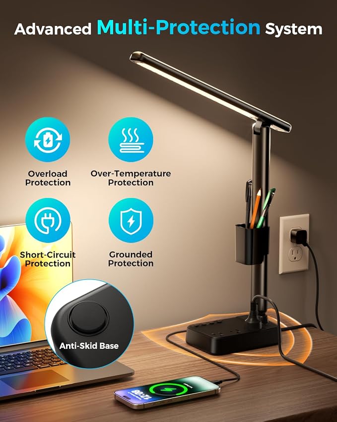 LED Desk Lamp with Power Strip, 3 AC Outlets, 4 USB Ports, Stepless Dimming | 2800K-6500K Color, 2 USB-C, Foldable Design, Timer & Memory, Study, Home Office & College Dorm, 10FT