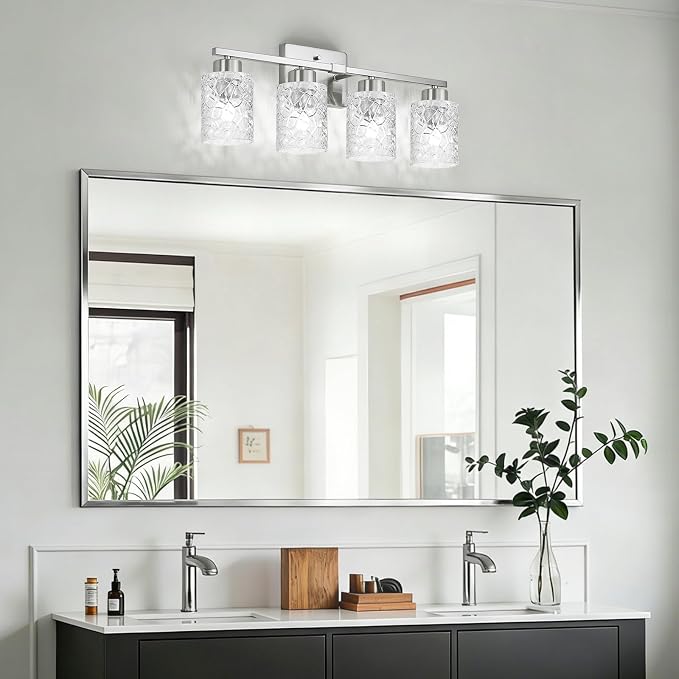 4-Light Bathroom Light Fixtures, Brushed Nickel Vanity Lights Over Mirror | Wall Sconces with Clear Textured Glass Shades for Living Room Bedroom Hallway,E26 Base (Bulbs Not Included)