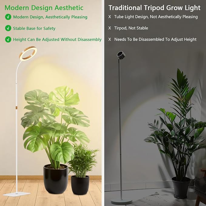 SDOVUERC Full Spectrum Grow Light with Stand for Indoor Plants, Floor Plant Light, 6/12/18H Timer, 3 Color Modes, Adjustable Height 16.5–68in, for Large Plants & Home Décor(Tri-Head,Faux Wood Grain)