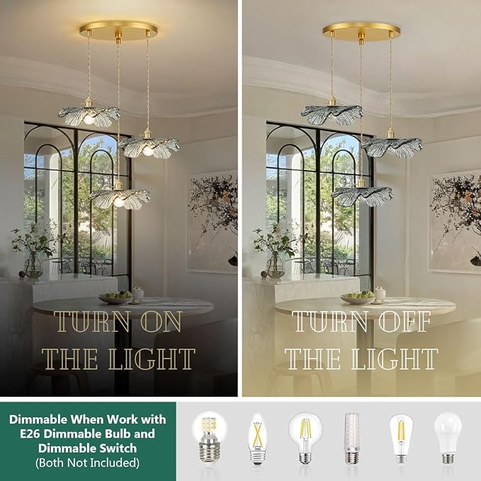 Gold Brass Chandelier 3-Light Retro Hanging Pendant Light Fixtures Dark Green Glass Shade Mid Century Modern Chandelier for Dining Room Farmhouse Living Room