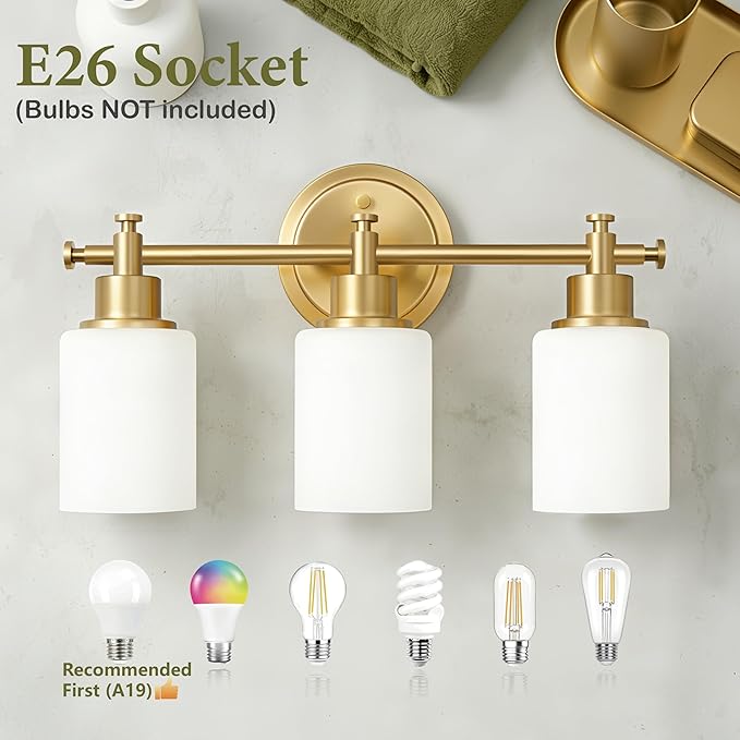 3-Light Bathroom Vanity Light, Brushed Gold Vanity Lights for Bathroom, Modern Champagne Gold Wall Sconce with White Glass Shades, Anti-Rust Light Fixtures over Mirror (Bulbs Not Included, E26 Base)