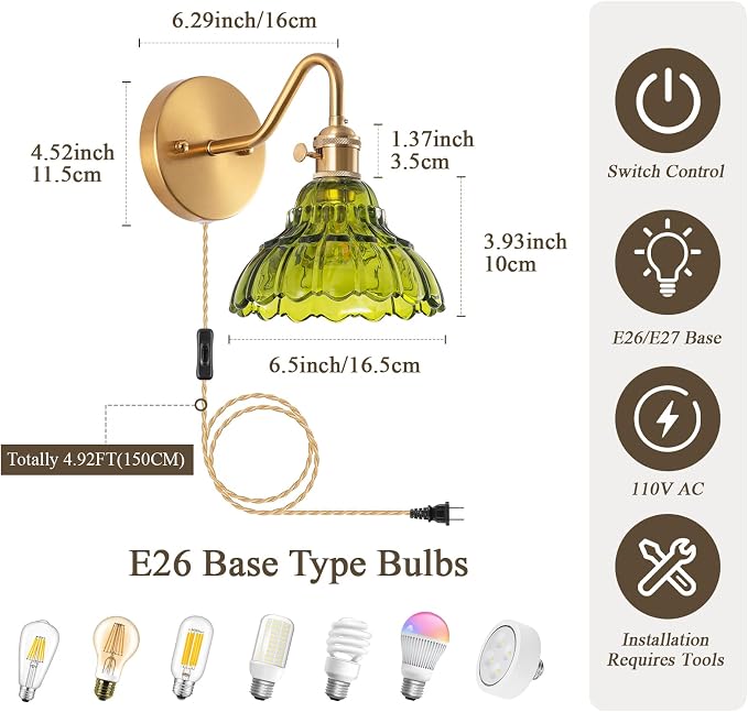 Plug-in Wall Sconce (Set of 2), Vintage Wall Decorative Lamp with Green Glass Shade, Indoor Brass Plug-in Wall Sconce for Bedroom, Living Room, Bathroom, Hallway