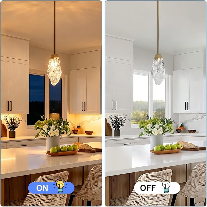 Modern 1-Light Brass Stem Rock Crystal Mini Pendant Lamp | Adjustable metal stem, textured ice crystal shade, modern brass finish, for kitchen island bedroom bathroom vanity lighting
