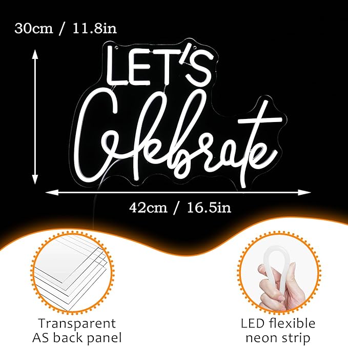 Let's Celebrate Neon Sign Dimmable White Neon Light Let's Celebrate Neon Signs for Wall Decor Powered by USB Words LED Lights for Bedroom Party Thanksgiving(16.5"x11.8")