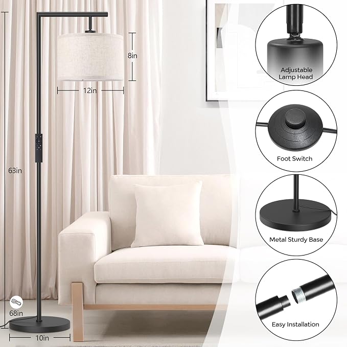 Floor Lamp with Remote Control, Stepless Dimmable Standing Lamp,Black | Colors Temperature and Brightness Adjustable, Beige Linen Lampshade, For Living Room Bedroom Office, 9W LED Bulb Included