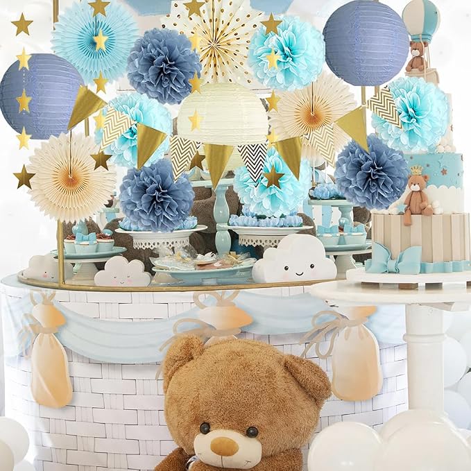 Dusty Blue Party Decorations Boho Beige Light Dusty Blue and Gold Party Decorations Paper Lanterns Poms Fans Champagne Gold for Birthday Baby Shower Boy Bridal Shower Wedding Engagement Graduation