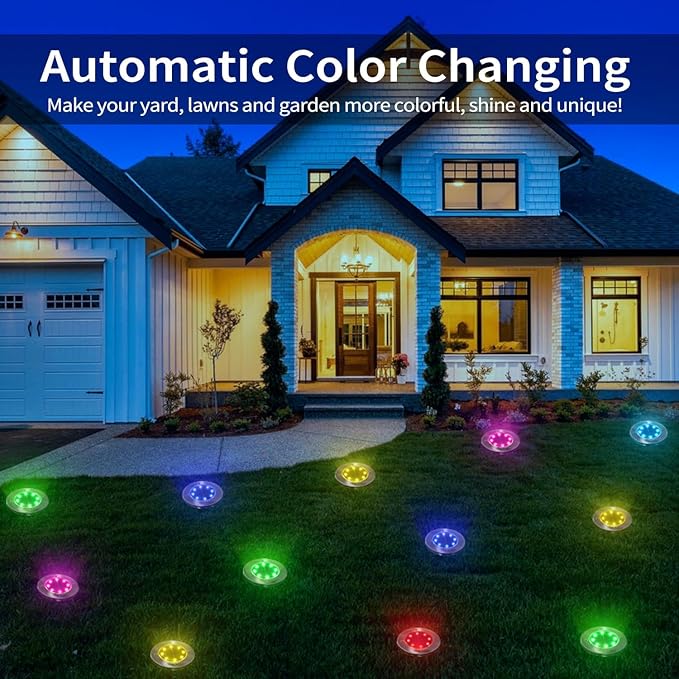 LYHOPE Solar Ground Light Outdoor, 8 Pack 8 LED Color Changing Solar Disk Lights Waterproof Garden In-ground Pathway Lights Landscape Lighting for Lawn,Yard,Deck,Patio,Walkway (RGB)