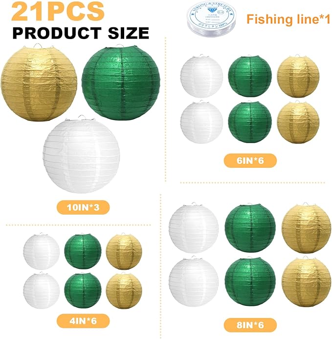 21 Pcs Green Paper Lanterns Party Decorations, 4/6/8/10 Inch Hanging Paper Lanterns for St. Patrick's Day, Tropical Jungle Theme, Wedding, Baby Shower, Graduation, Birthday Party Football Theme Decor
