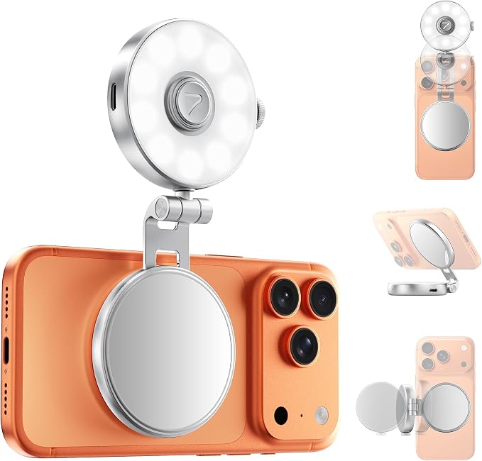 7RYMS 7Lite L1 Magnetic Selfie Light for MagSafe iPhone, LED Fill Light | CRI95 Lighting, 360° Rotation and Built-in Mirror. Magnetic Mount for Selfies, Video Call, Streaming and Photography (Silver)