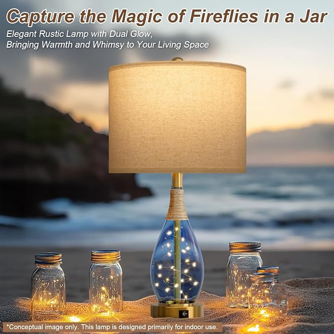 23" Table Lamps for Living Room Set of 2 Bedside Lamps for Night Stands Bedroom Lamps Farmhouse Rattan Boho Lamp Glass Nightlight End Table Lamp with USB C+A (Blue),Two Light Points