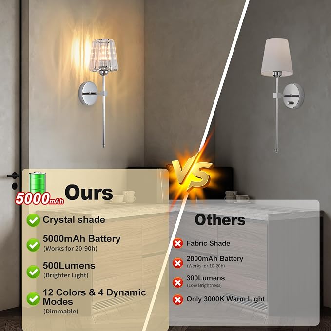 Battery Operated Crystal Wall Sconce Set of 2, Chrome Wireless Wall Sconce with USB Rechargeable LED Light Bulbs 12 Colors Dimmable Crystal Wall Lamp with Remote for Bedroom Living Room Bulbs Included