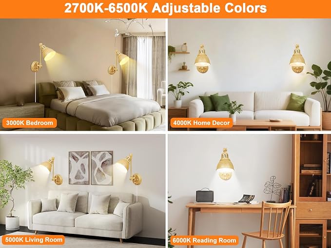 GOODATE 1 Pack Plug in Wall Sconce with Remote Control, Dimming, Adjustable Colors 2700K-6500K, Plug in Wall Light, Swing Arm Wall Lamp with Night Light & Timer, LED Bulb Included, Oak Finish