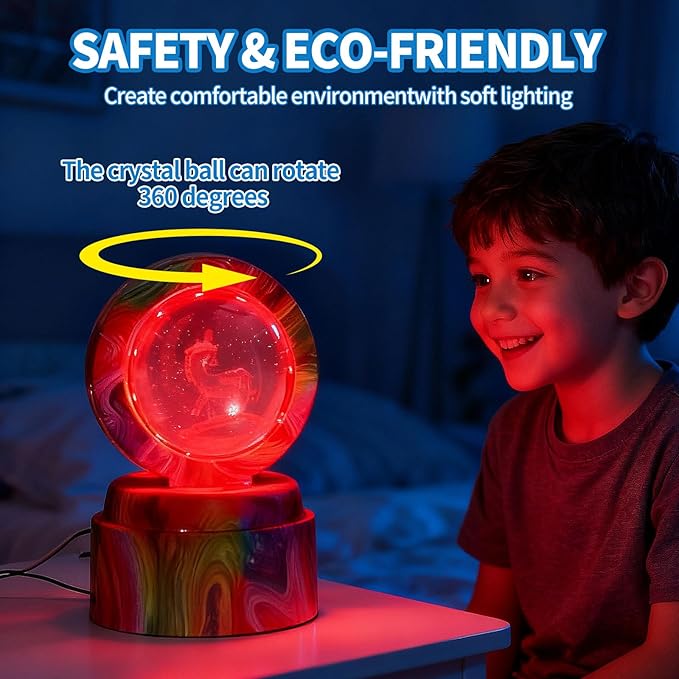 Cute Cartoon lamp,2.36 inch Rotatable 3D Crystal Ball Anime Night Light with 7 Colors Change,Color Box,Children's Room Decoration Holiday Gifts，Birthday Christmas Gifts (Unicorn)