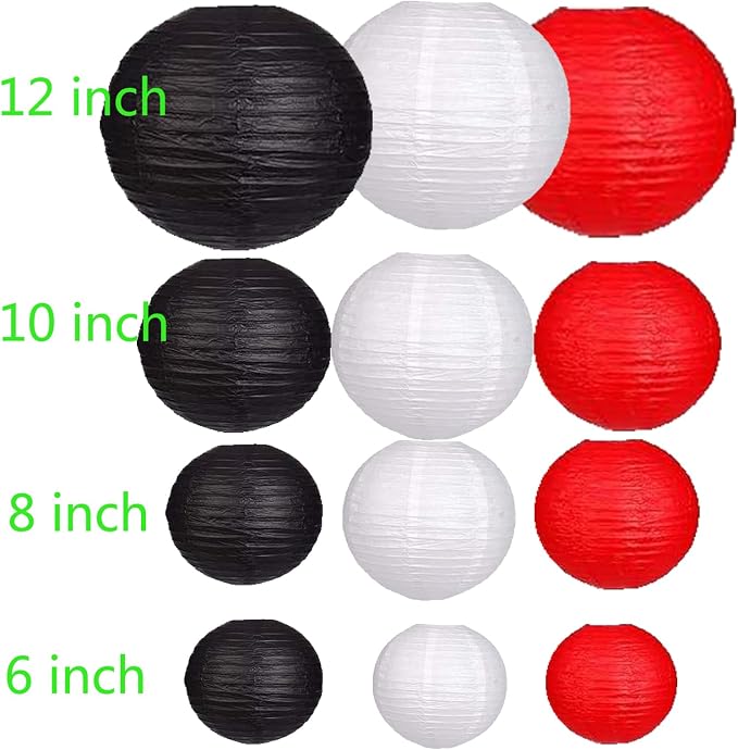 12Pcs Paper Lanterns 6”, 8”, 10”, 12”,Paperlanterns Party Decoration, Black White Red Paper Lanterns for Wedding, Bridal, Birthday, Outdoor, Home, Garden, Holiday and Party.
