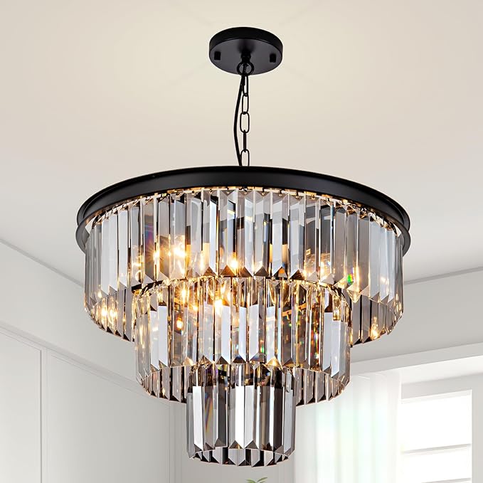 8 Light Black Crystal Chandelier 20'' Luxury Smoke Modern Dining Room Light Fixture 3-Tier Round Hanging Pendant Ceiling Lighting for Entryway Foyer Living Room Adjustable Height E12