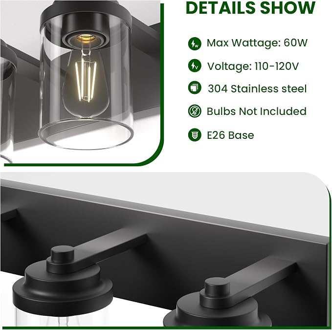 Bathroom Vanity Light, 3-Light Modern Black Vanity Light Fixtures with Clear Glass Shade, 22in Matte Black Bathroom Light Fixtures Over Mirror, Rustic Restroom Lighting Fixtures
